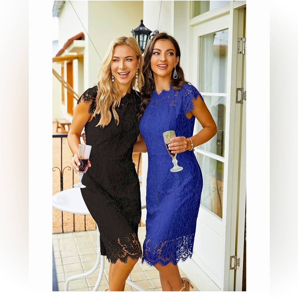 Sleeveless lace floral blue dress, elegant and sophisticated knee length